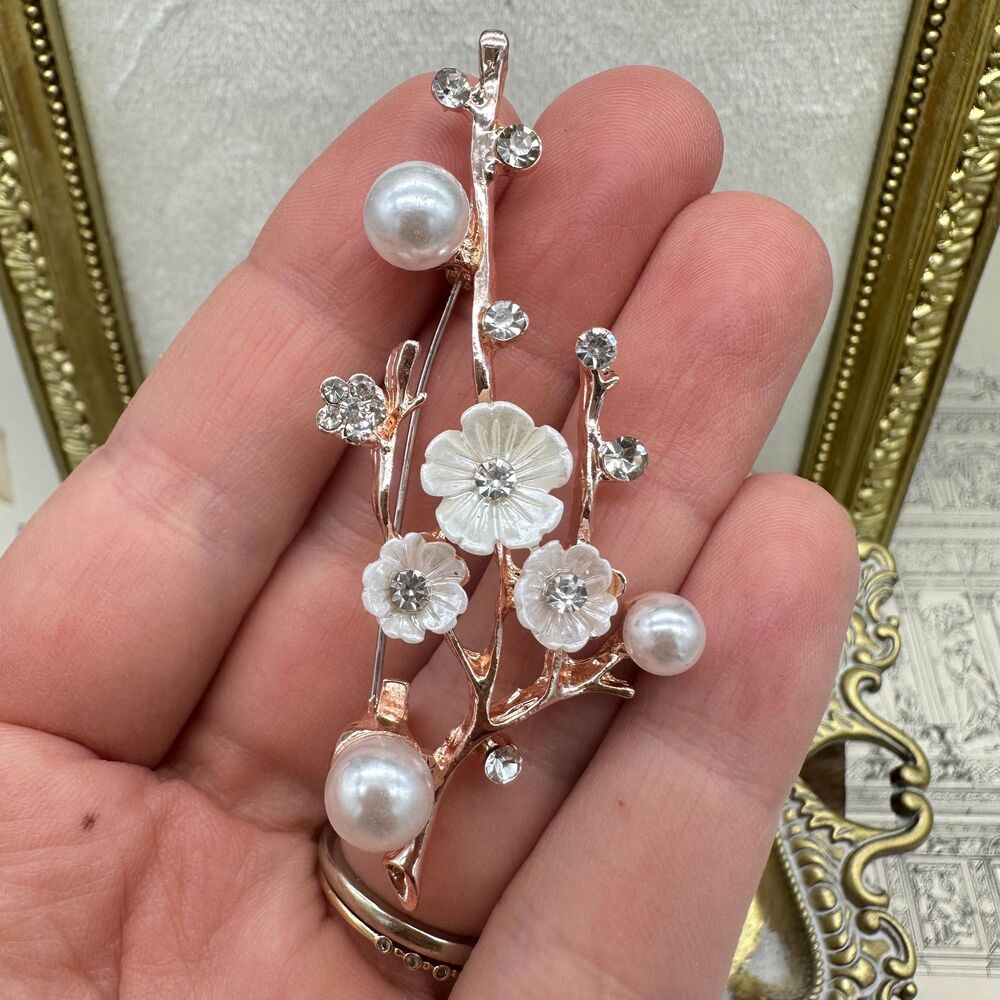 Vintage Cherry Blossom Pearl Rhinestone Brooch Pin